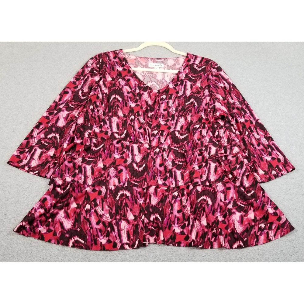 Susan Graver Top Womens Large L Pink Abstract Tiered V-Neck 3/4 Sleeve Raw Hem